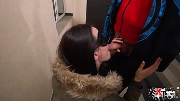 Wife Deep Sucking Big Dick Public Entrance after Party - Cum Swallow