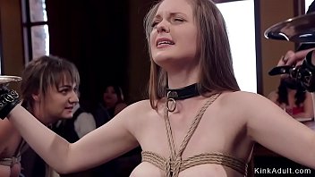 At wild brunch party hot slaves in lingerie riding Sybian and group anal banging
