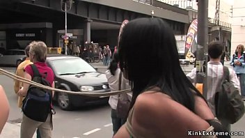 Mistress Harmony Rose walks on a leash busty brunette Angelica Heart naked in public streets then makes her suck and fuck huge dick and gets facial